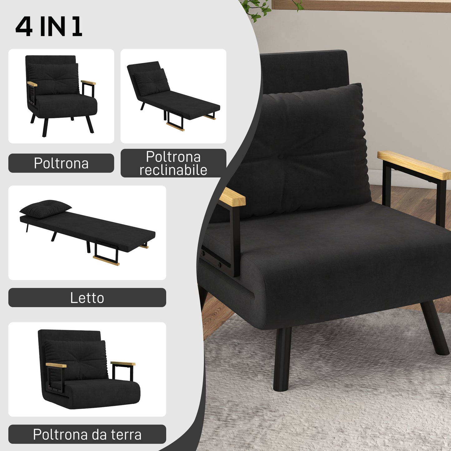 Velvet Black, 3 in 1 Sofa Bed with 5-Position Reclining Backrest and Cushion, 63x73x81 cm, Black