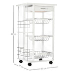 Space-Saving Kitchen Island Cart in Pine Wood, Food Cart with 4 Wheels, Drawer, 3 Pull-Out Baskets, Fruit Bowl, White