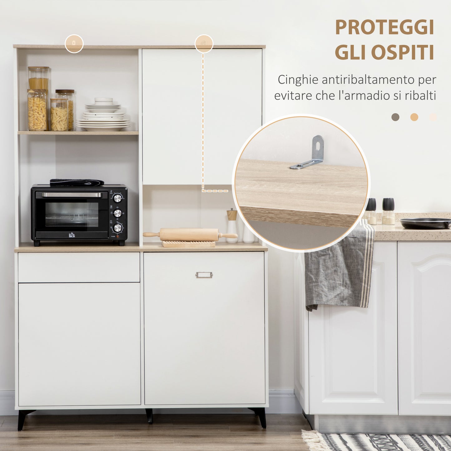 Kitchen Pantry in Chipboard and MDF with Open Shelves, Cabinets and Drawer, 119x41x180 cm, White