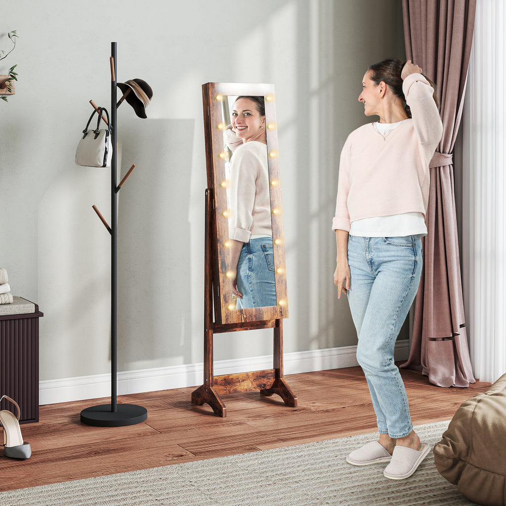 HOMCOM Jewelry Cabinet with Adjustable Mirror and LED Lights, 36x30x136 cm, Rustic Brown