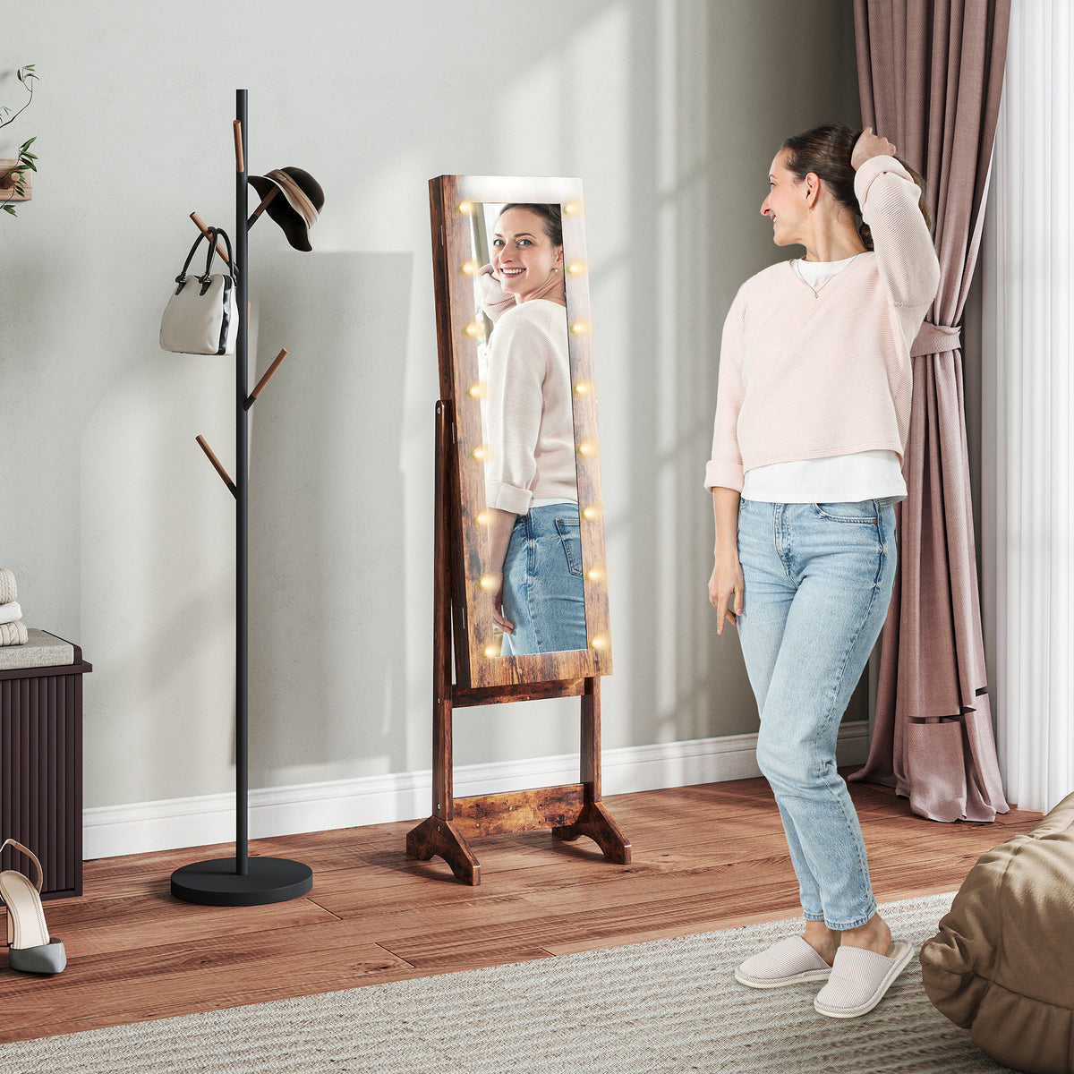 HOMCOM Jewelry Cabinet with Adjustable Mirror and LED Lights, 36x30x136 cm, Rustic Brown