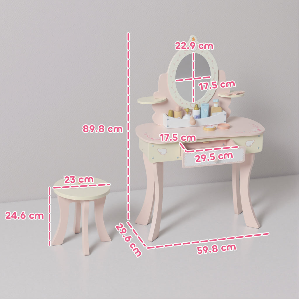 2-in-1 Wooden Dressing Table and Stool Set for Kids with 7 Accessories Included, Pink