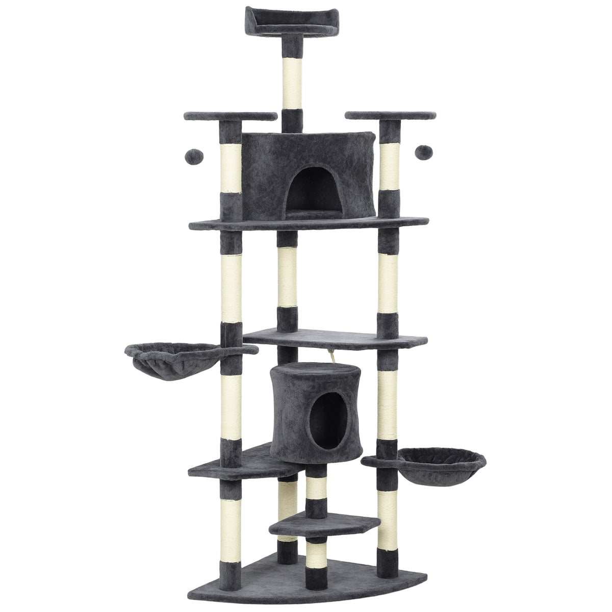 PawHut Tall Cat Tree with Houses and Hammocks, 60x60x200cm, Dark Grey