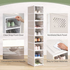 Shoe Rack with 8 Stackable and Foldable Shoe Containers with Transparent Panel, White