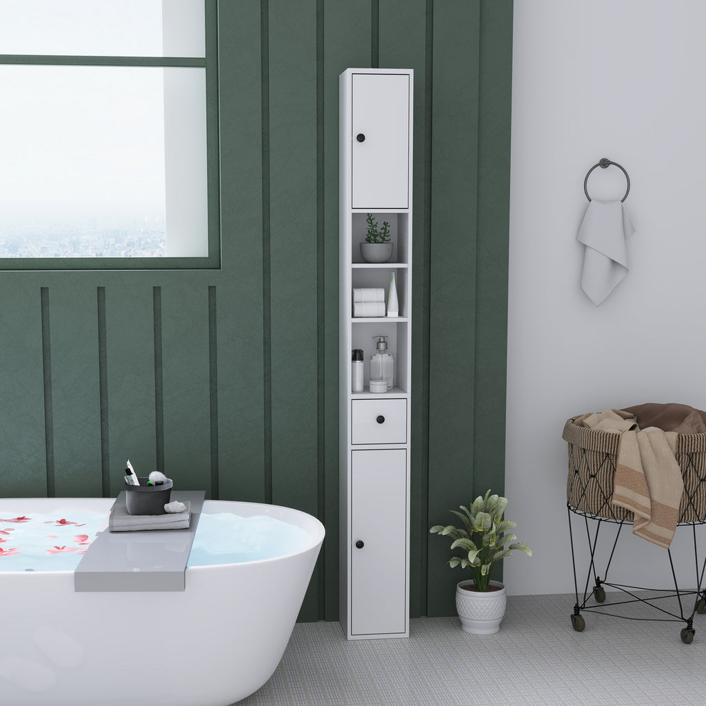 Space-Saving Bathroom Column with 2 Cabinets, 3 Open Shelves and Drawer, in Wood, 20x20x178 cm, White