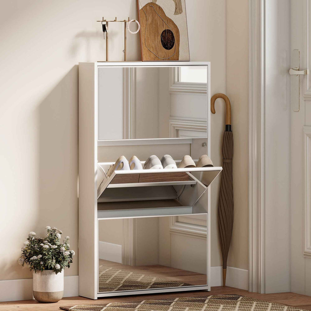 HOMCOM Mirrored Shoe Rack with 3 Flap Drawers for 9 Pairs of Shoes, Wooden, 65x17x114.5 cm, White