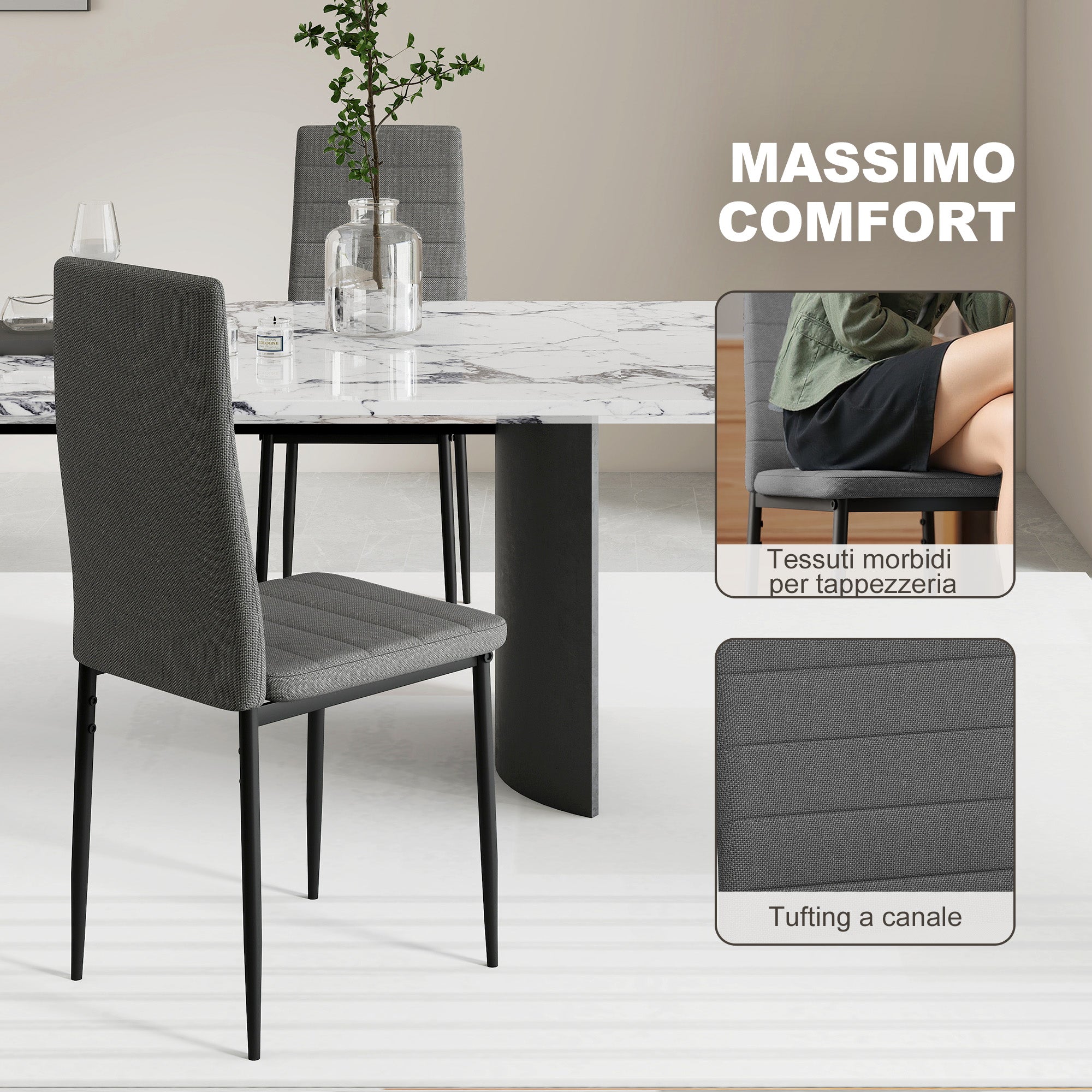HOMCOM Set of 6 Upholstered Chairs for Living Room or Dining Room, Modern Kitchen Chairs, in Steel and Grey Fabric