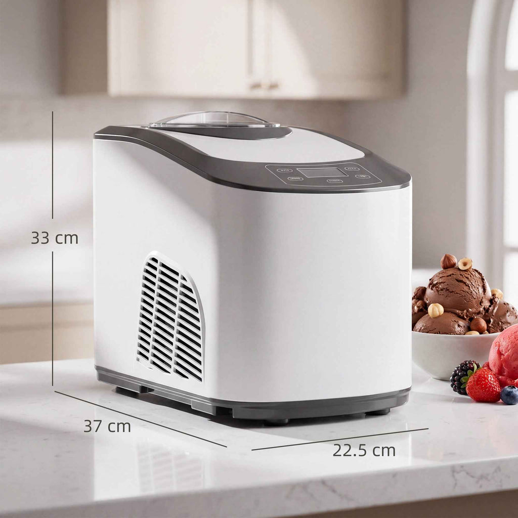 Ice Cream Maker with Built-in Compressor 1.5L, Soft and Hard Modes, Auto-Keep Cold Function, White