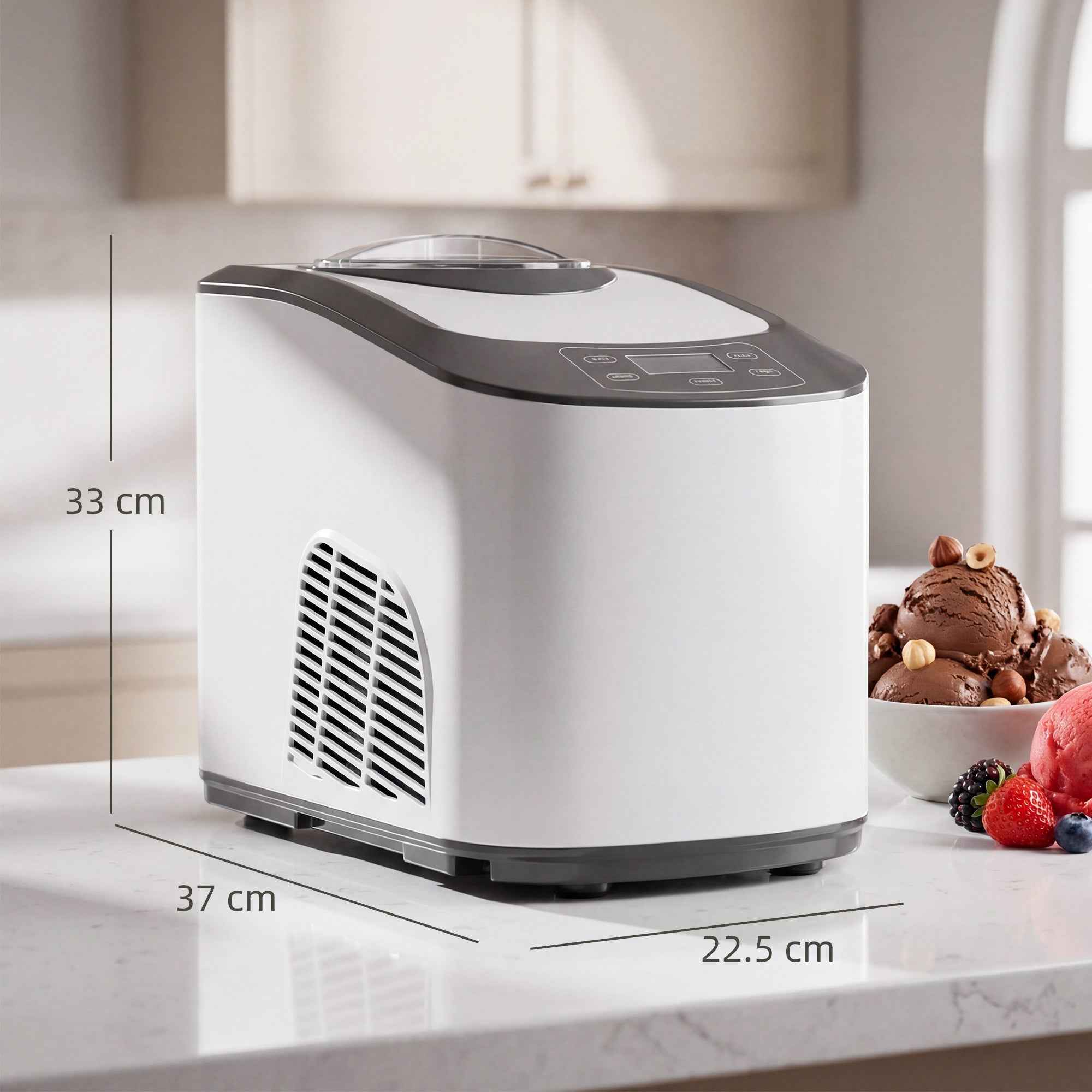 Ice Cream Maker with Built-in Compressor 1.5L, Soft and Hard Modes, Auto-Keep Cold Function, White
