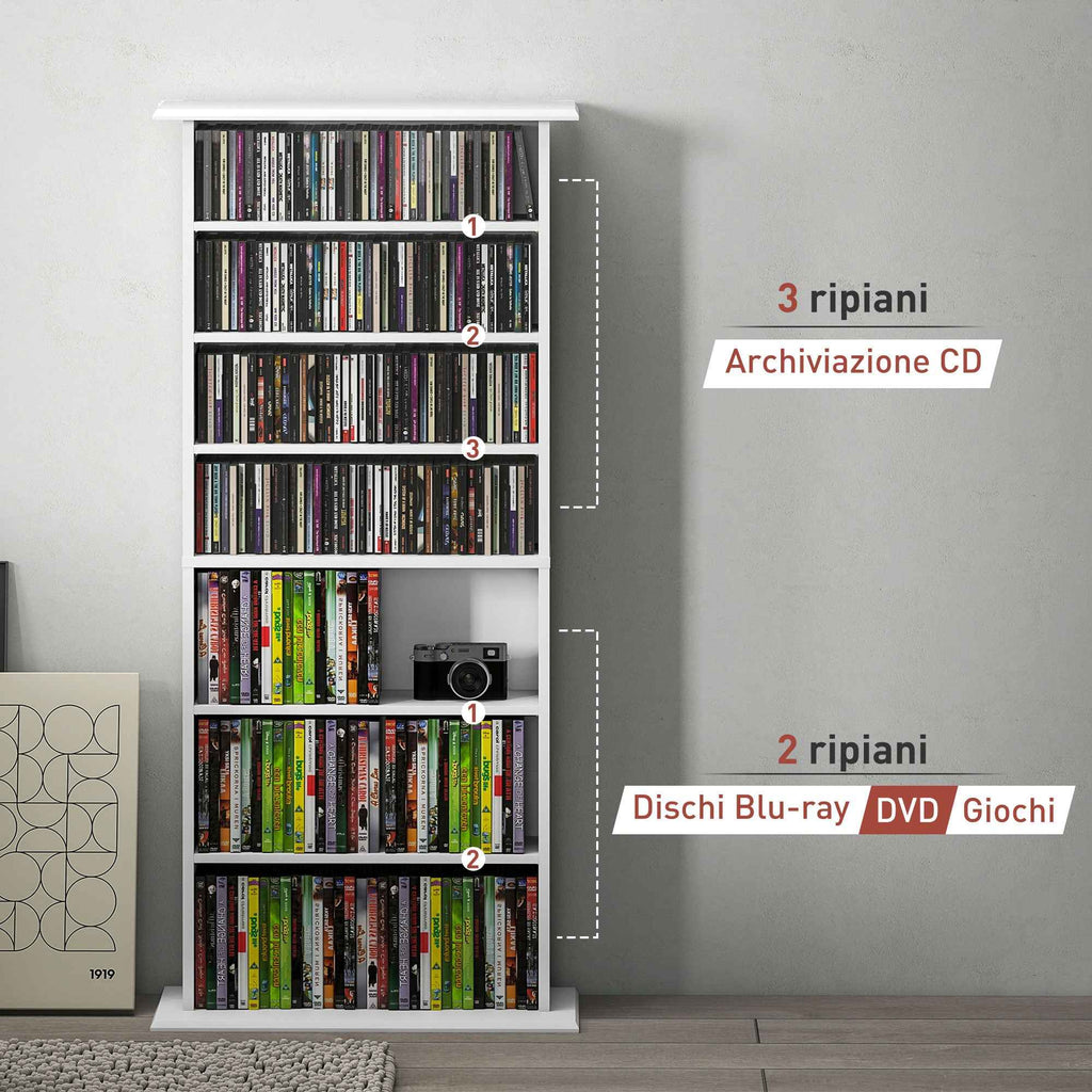 HOMCOM CD Storage Rack with 6 Adjustable Shelves, 360 CDs/185 DVDs Capacity, 58x24x124.5 cm, White