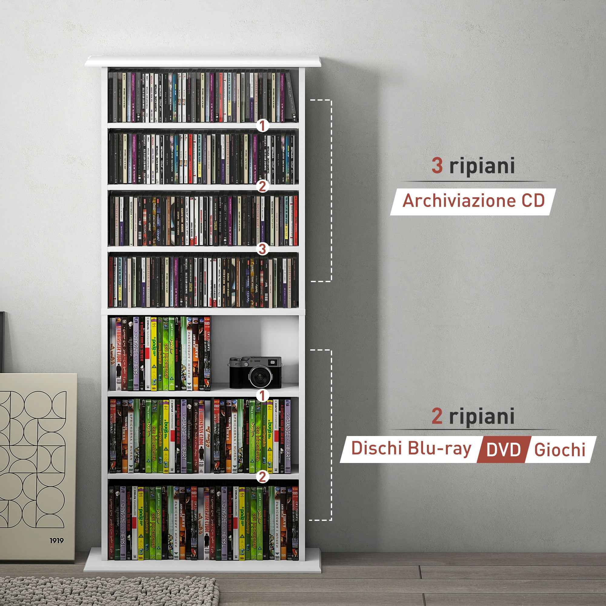 HOMCOM CD Storage Rack with 6 Adjustable Shelves, 360 CDs/185 DVDs Capacity, 58x24x124.5 cm, White