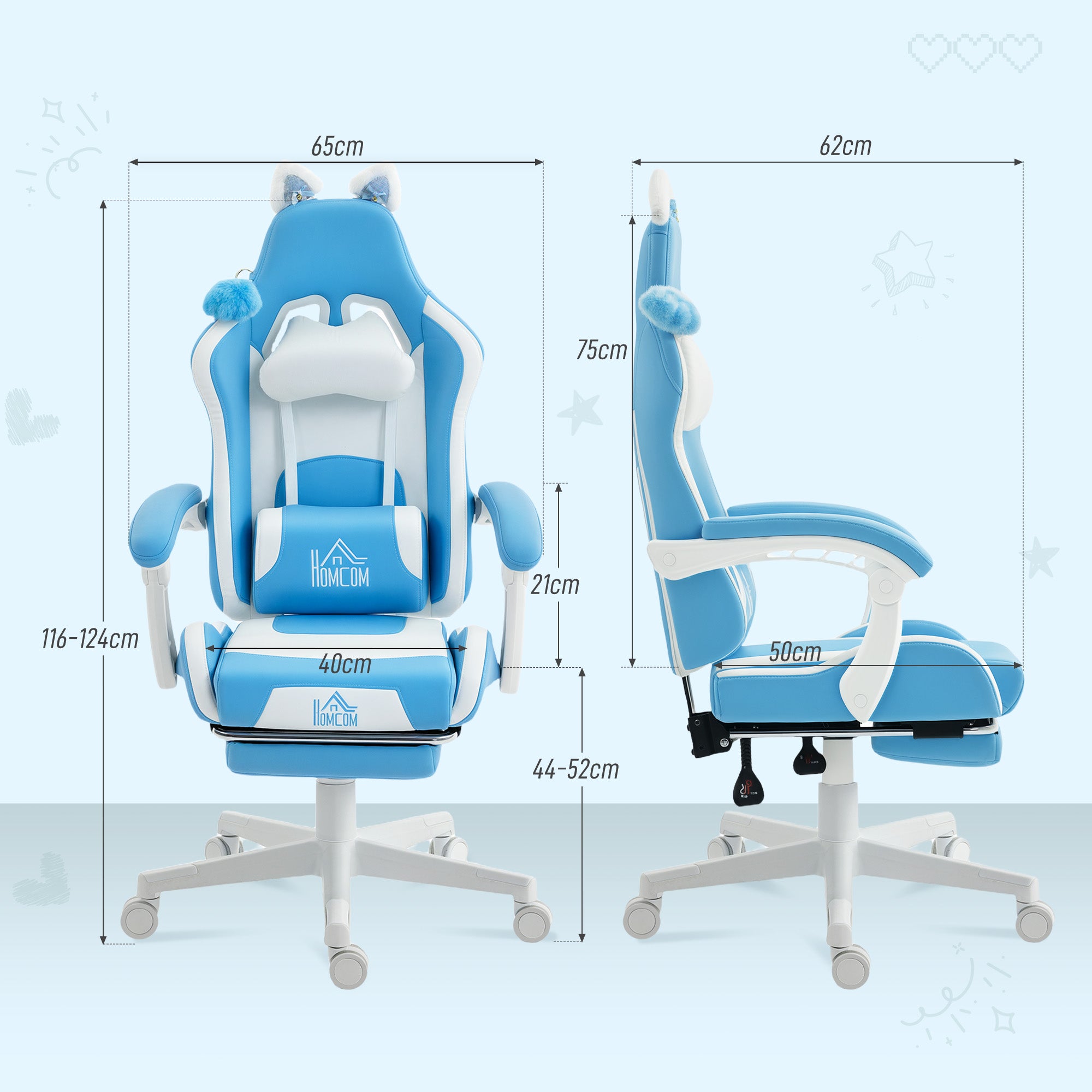 Reclining Gaming Chair with Footrest and Cushions, Faux Leather and Sponge, 65x62x116-124 cm, White and Blue