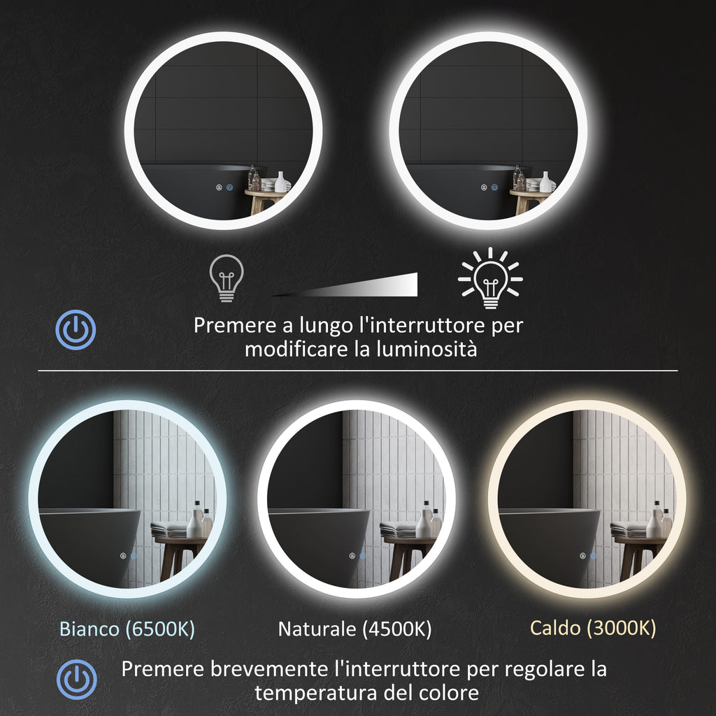 Bathroom Mirror with Adjustable LED Lights, Touch Control and Anti-Fog Design, Ø60 cm