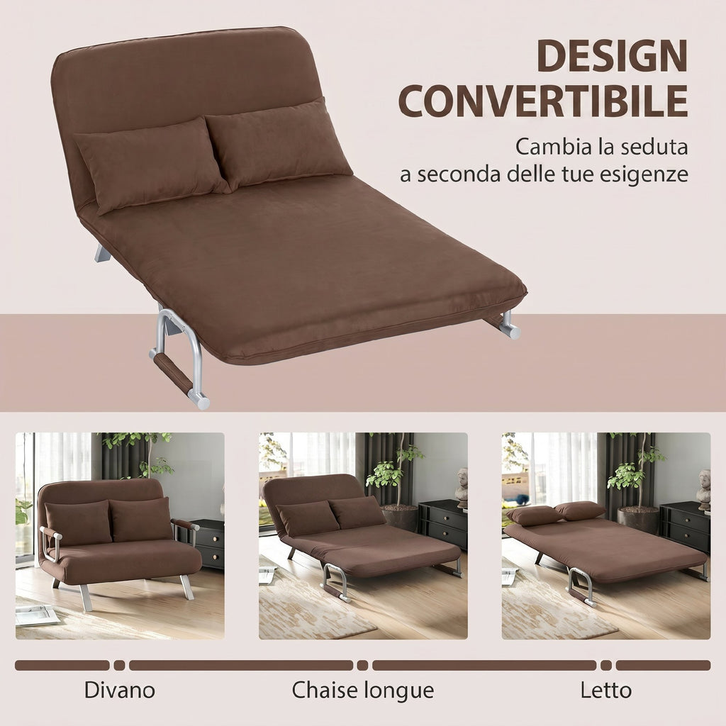 HOMCOM 2-Seater Faux Suede Sofa Bed with Adjustable Backrest and 2 Cushions, 111x80x78 cm, Brown