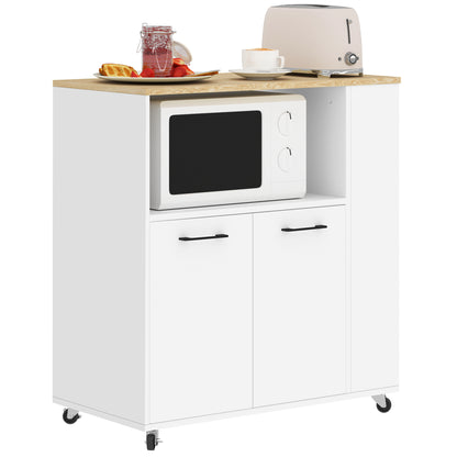 Wooden Kitchen Trolley with Open Shelf, Cabinet and Side Shelf, 75x40x80.5 cm, color Oak and White