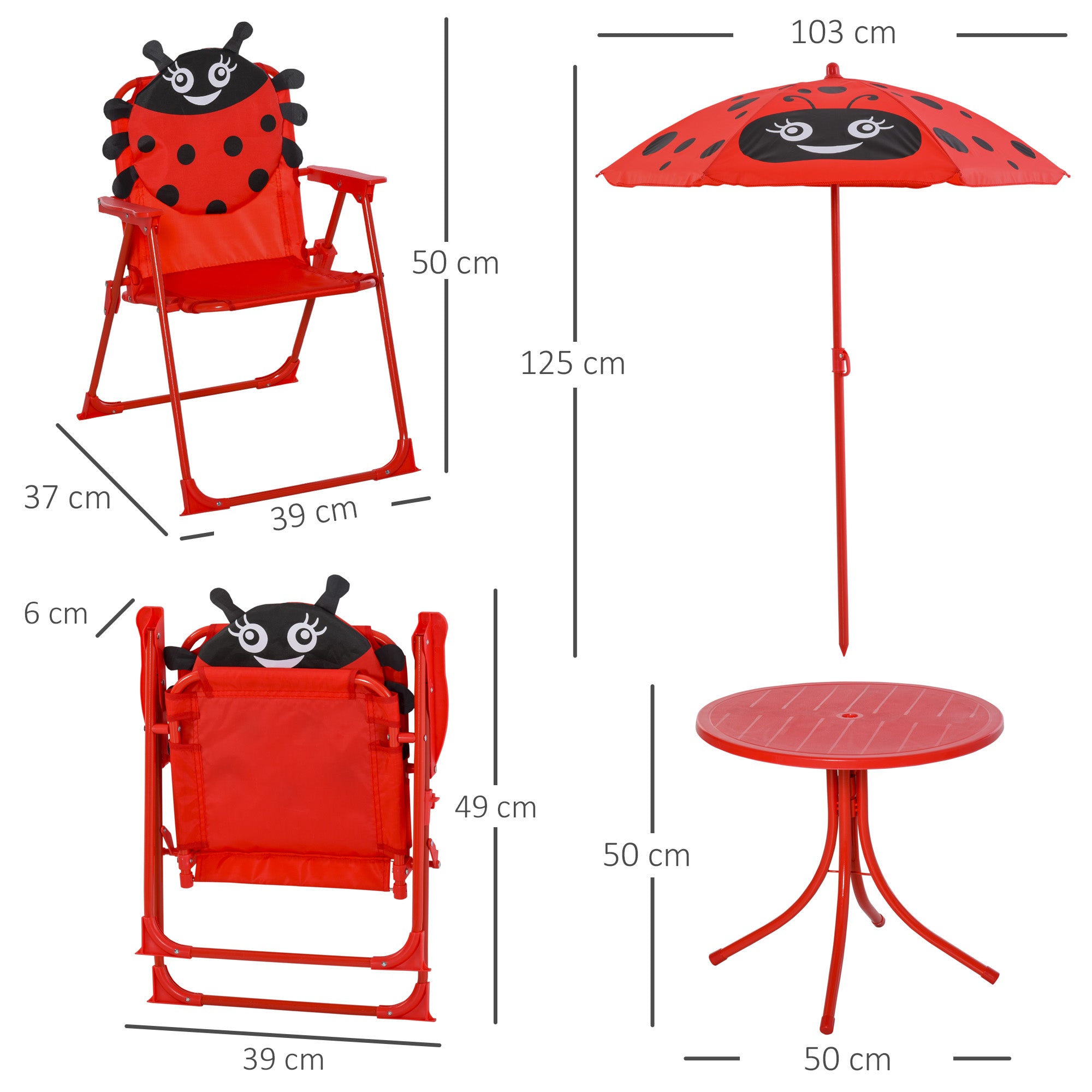 Garden Table and 2 Folding Chairs Set, Outdoor Table and Chairs with Umbrella for Children in Metal and Polyester, Red