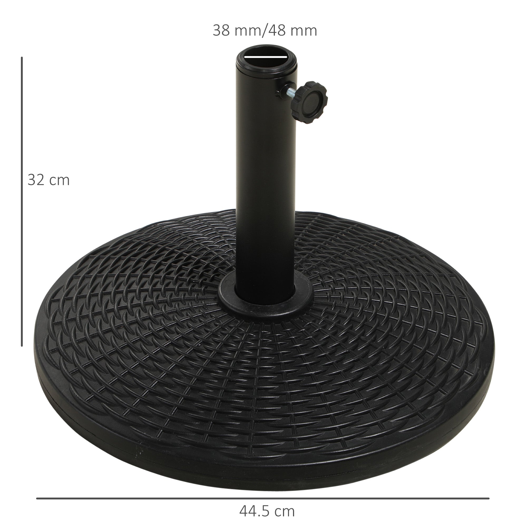 12.5kg Round Rattan Effect Umbrella Base, Support for 38mm and 48mm Poles, Ø44.5cm, Black
