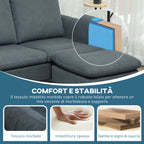 3 Seater Corner Sofa with Reversible Chaise Longue, in Velvet Effect Fabric, 196x140x88 cm, Charcoal Grey