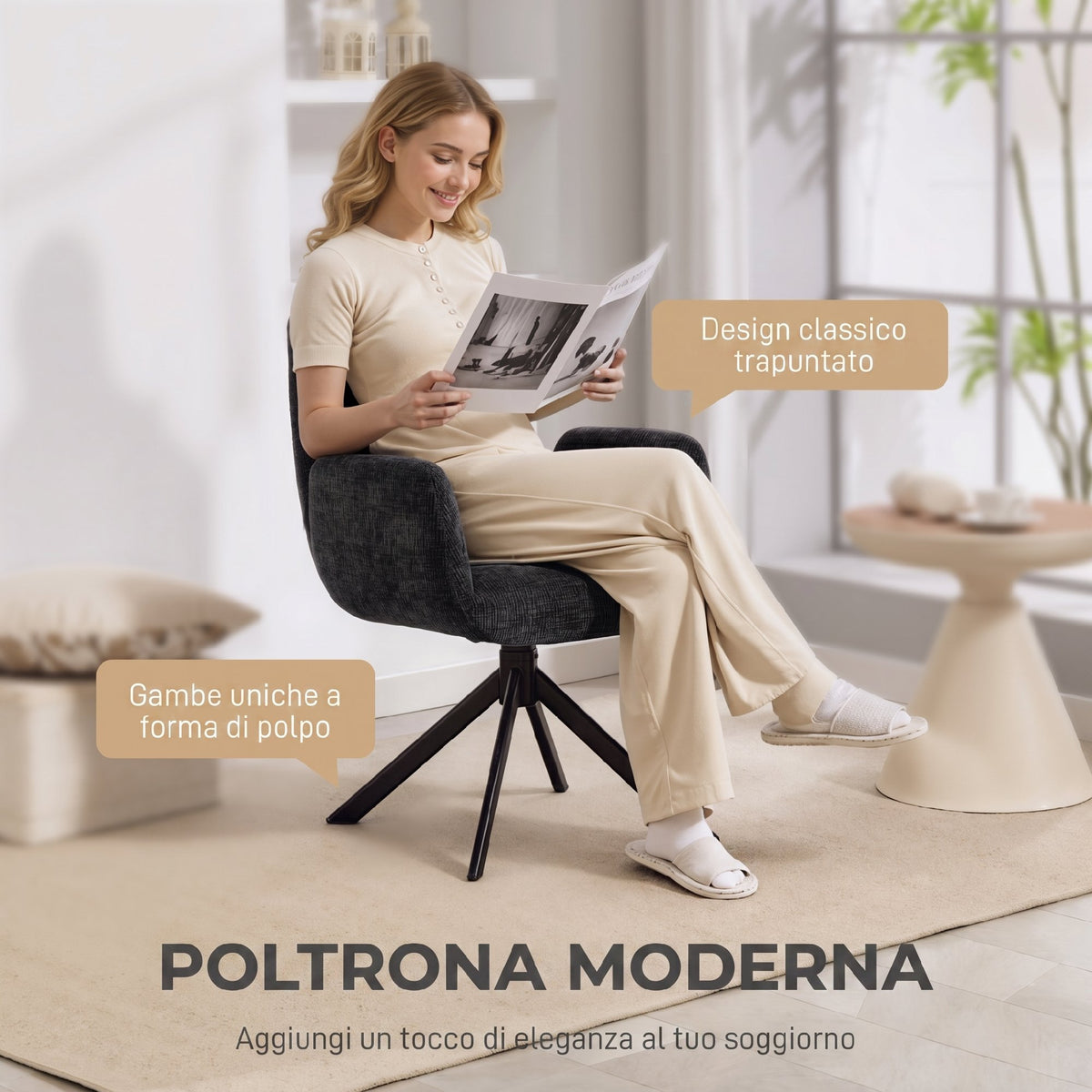 HOMCOM Swivel Bedroom Chair in Linen-Effect Fabric or Angled Steel Legs, Black