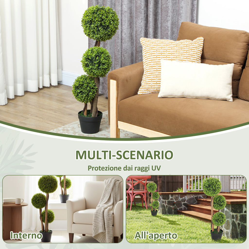 HOMCOM Set of 2 Artificial Boxwood Plants with 3 Balls, with Pot and Reinforced Bottom, Height 90 cm, for Indoor and Outdoor Use