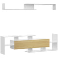 TV Cabinet with Wall Shelf, Open Shelves and Wooden Cabinet, White and Natural Wood