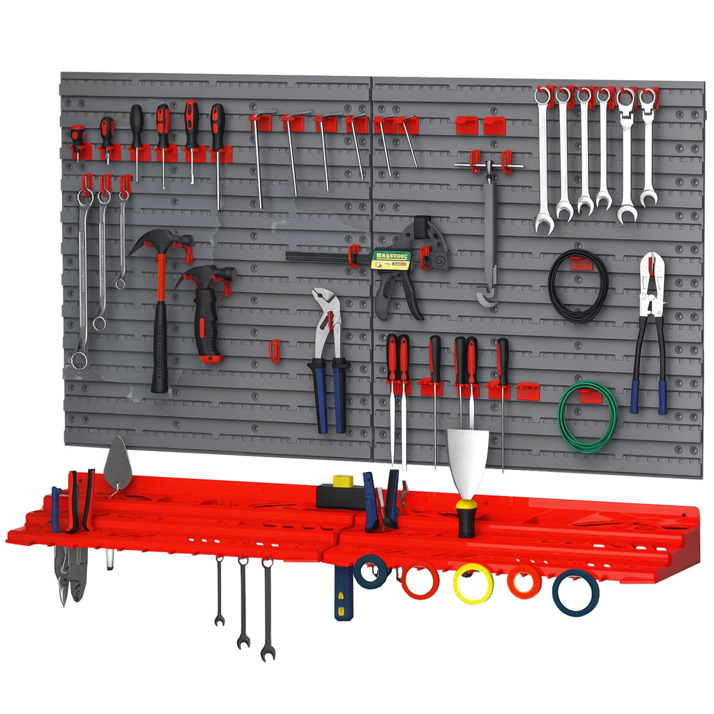 54PCS Tool Storage Box with 50 Hooks, Wall Mounted, PP, Red Grey, 95.5x23x53.5cm