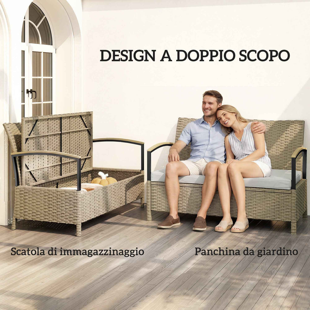 Outsunny 125L Storage Bench with Padded Cushion, Metal, 123x70x82 cm, Khaki