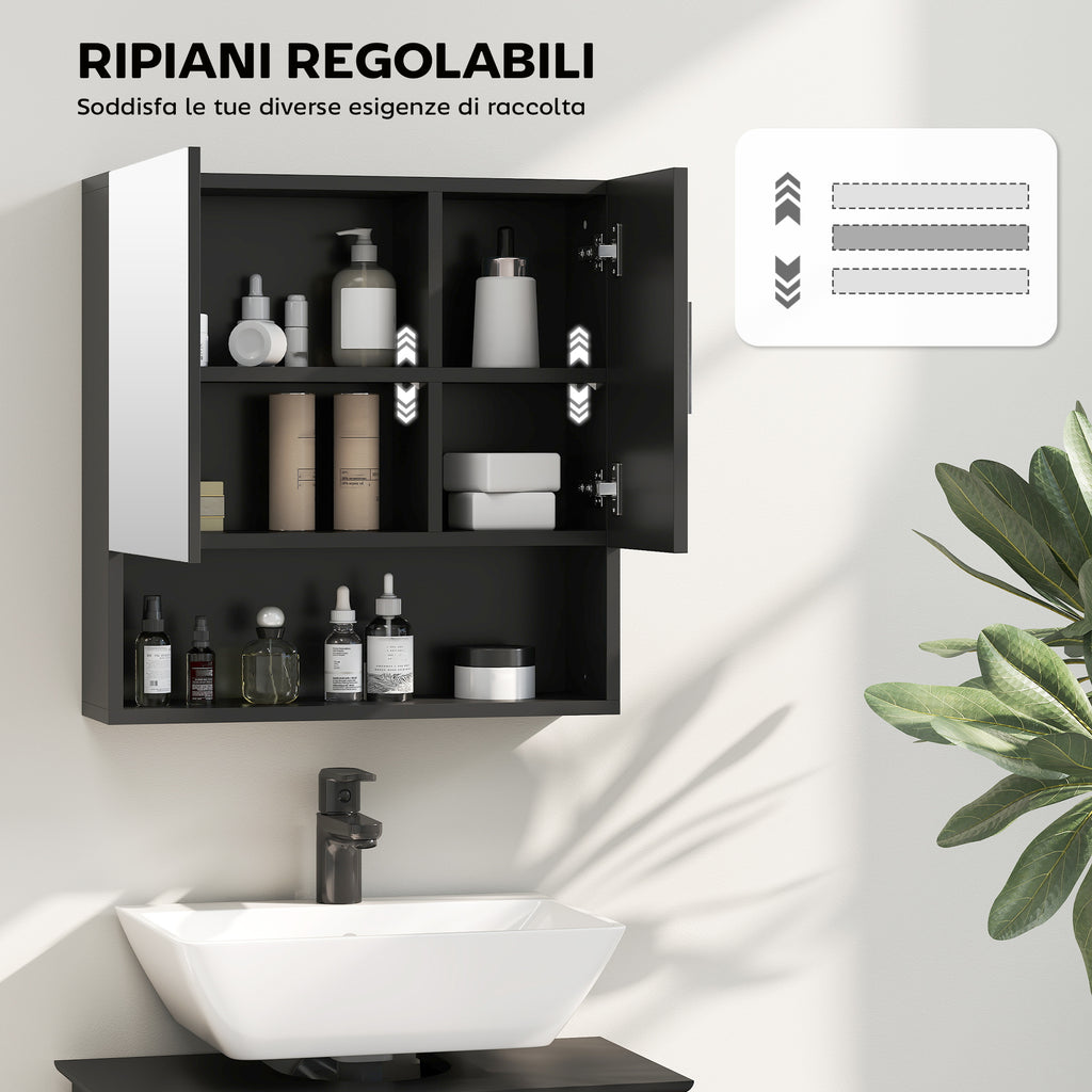 Wooden Bathroom Mirror Cabinet with Adjustable Shelves and Open Shelf, 54x15.2x55.3 cm, Black