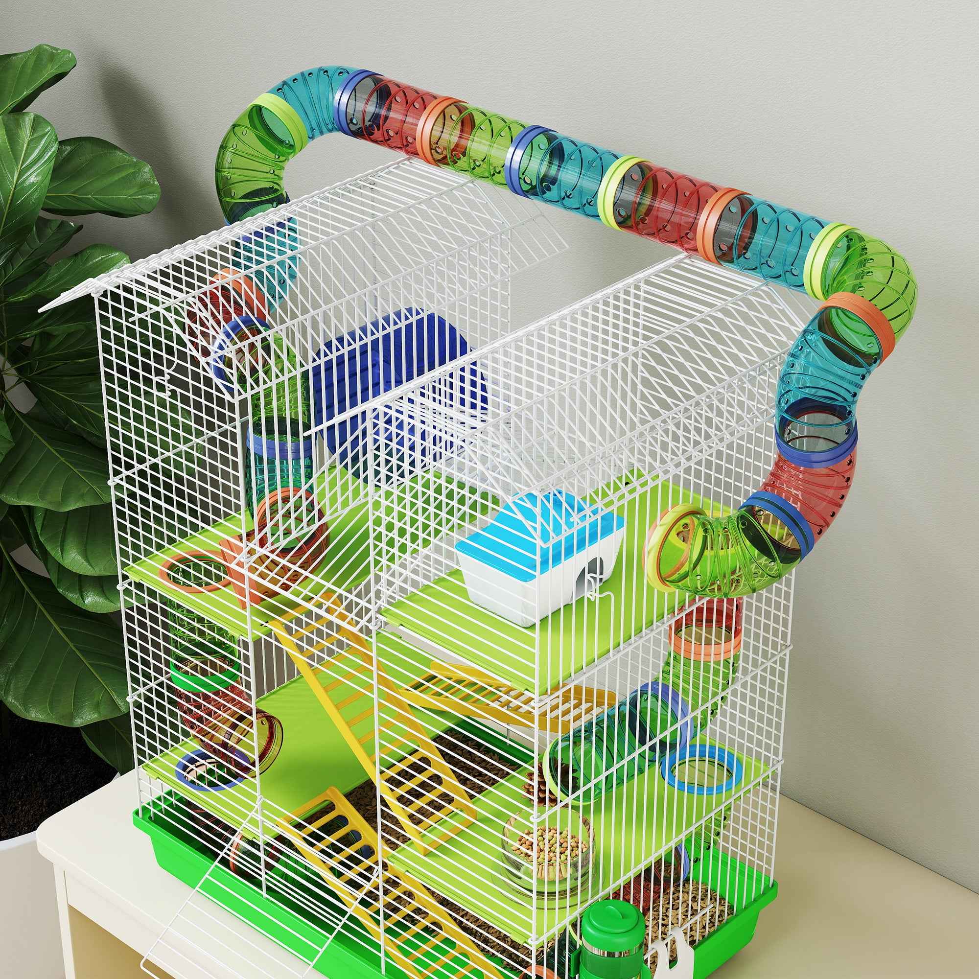 PawHut 5-Story Hamster Cage with Colorful Tubes, Wheel, House and Accessories, 47x30x59 cm, Green