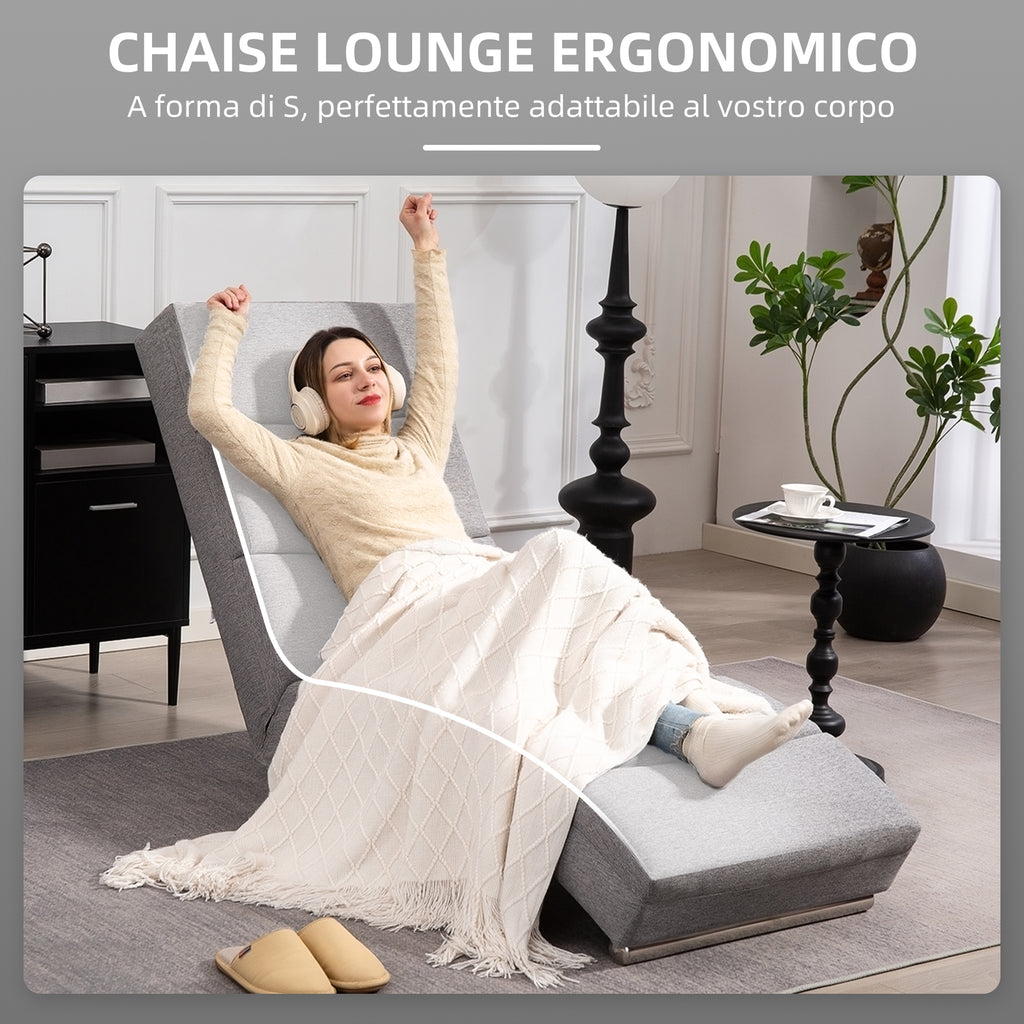 High Back Reclining Chaise Longue with Thick Padding and Metal Legs, Light Grey