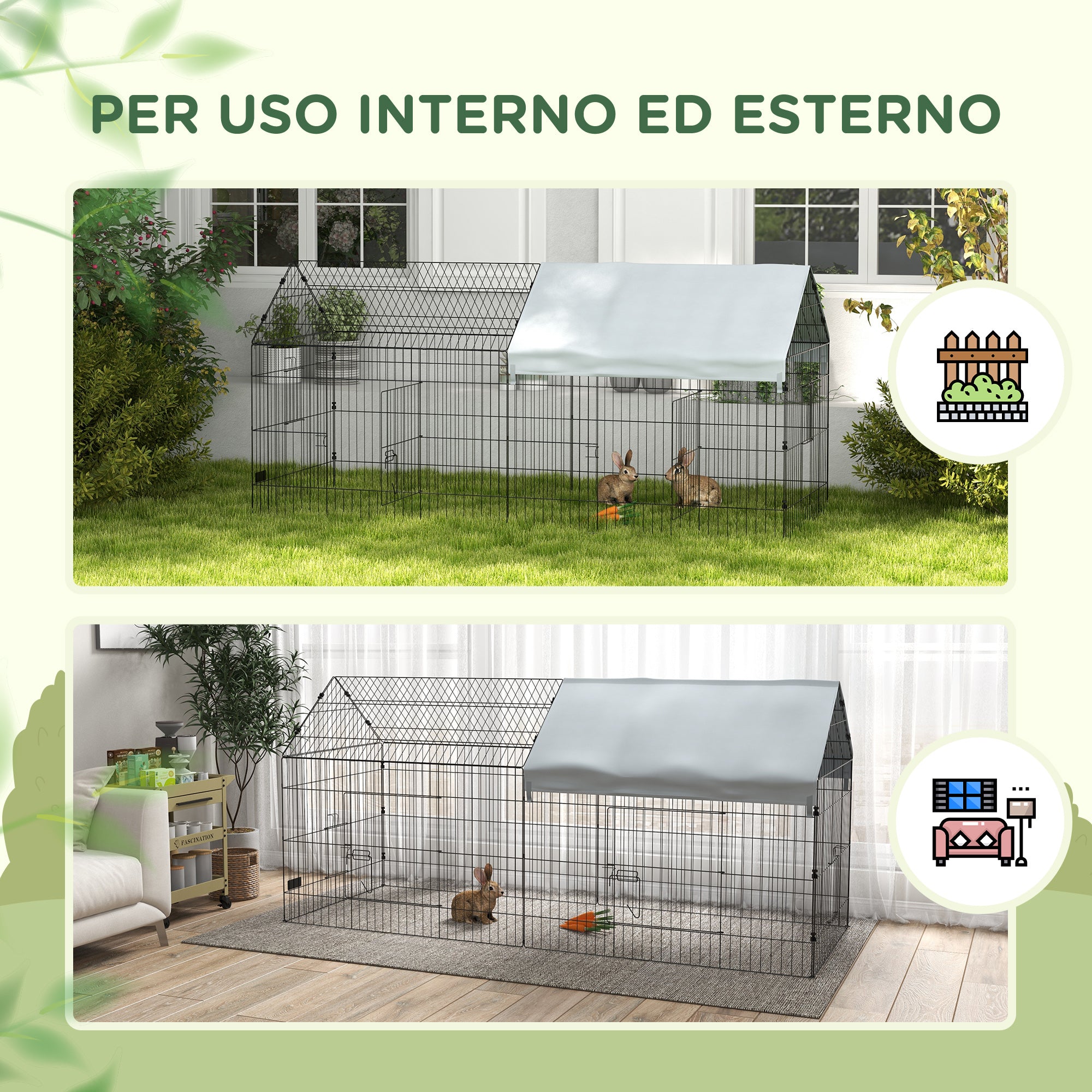 Indoor and Outdoor Rabbit Cage with Roof, 220x85x103cm, Silver