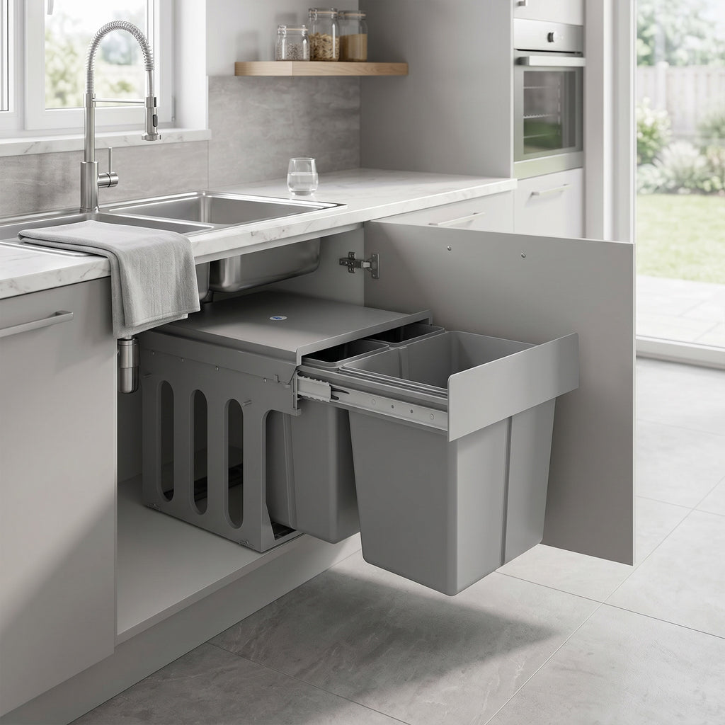 HOMCOM 31L Under Sink Pull Out Waste Bin with 3 Removable Buckets and Top, Light Grey