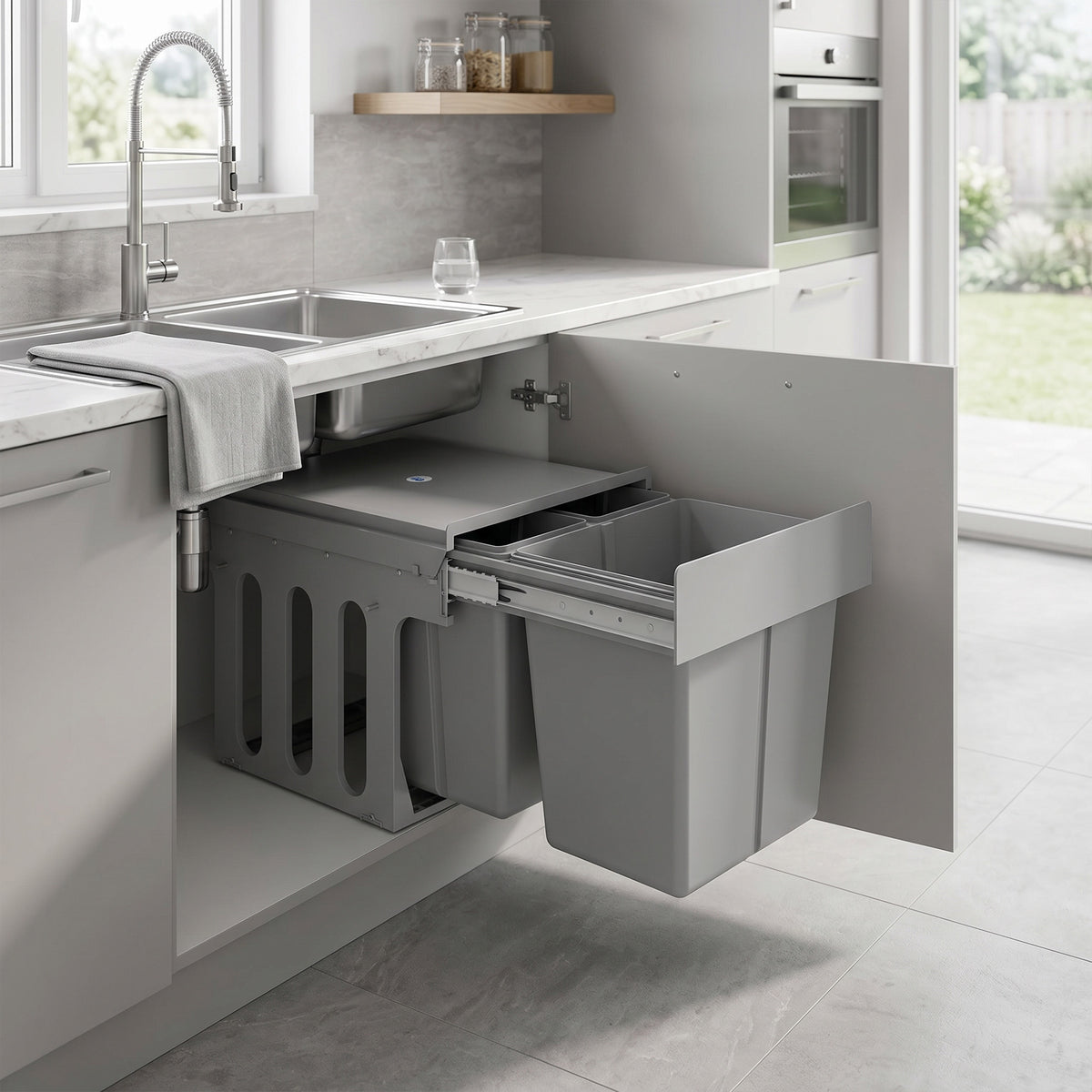 HOMCOM 31L Under Sink Pull Out Waste Bin with 3 Removable Buckets and Top, Light Grey