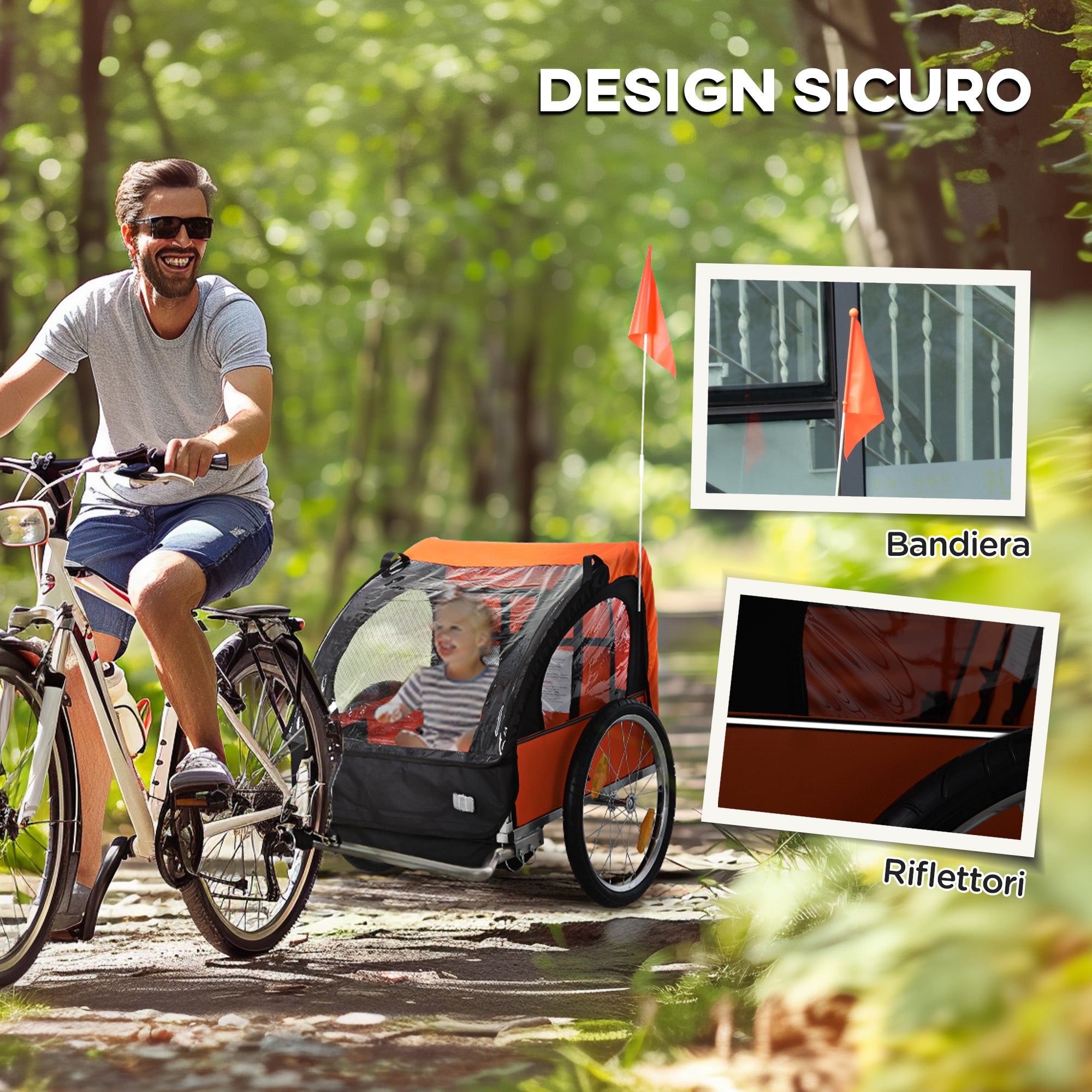 Children's Bike Trailer with 2 Seats, 2 Safety Belts, Steel Frame and Orange Oxford Fabric Cover