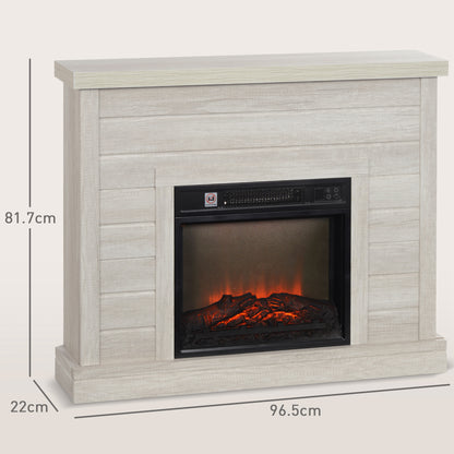 Electric Fireplace 1800W with Flame Effect and Remote Control, in Wood, Metal and Glass, 96.5x22x81.7 cm, Light Grey