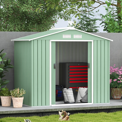 Outsunny Steel Sheet Garden Shed with Sliding Doors, 213x130x185cm, Light Green - Borgè