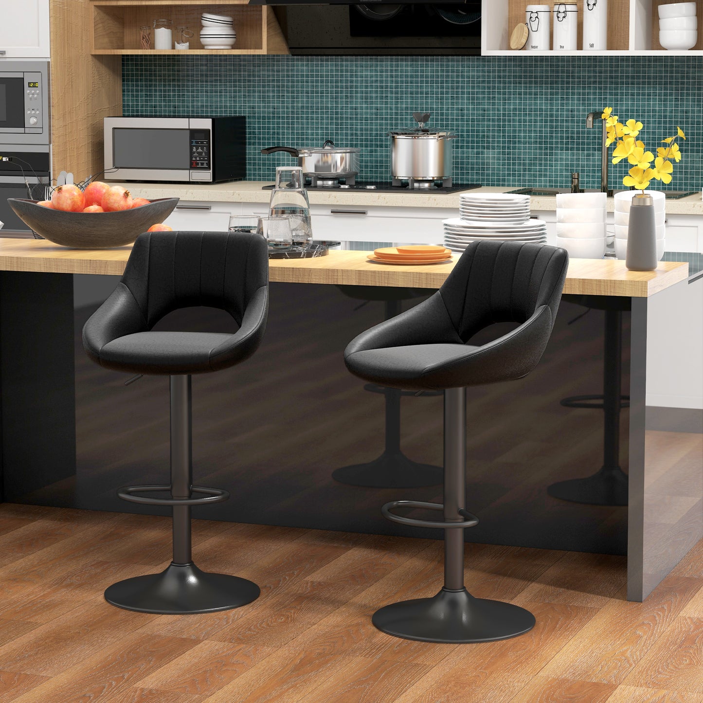 Set of 2 Bar Stools with Adjustable Height, Footrest and Swivel Seat in Faux Leather, Black