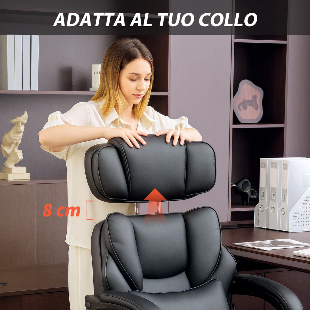 PU Leather Office Chair with Footrest, Adjustable Headrest and Lumbar Support, Black