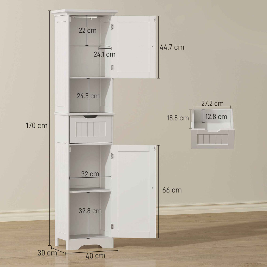 HOMCOM Wooden Bathroom Cabinet with 2 Sensor Cabinets, Open Shelf and Drawer, 40x30x170 cm, White