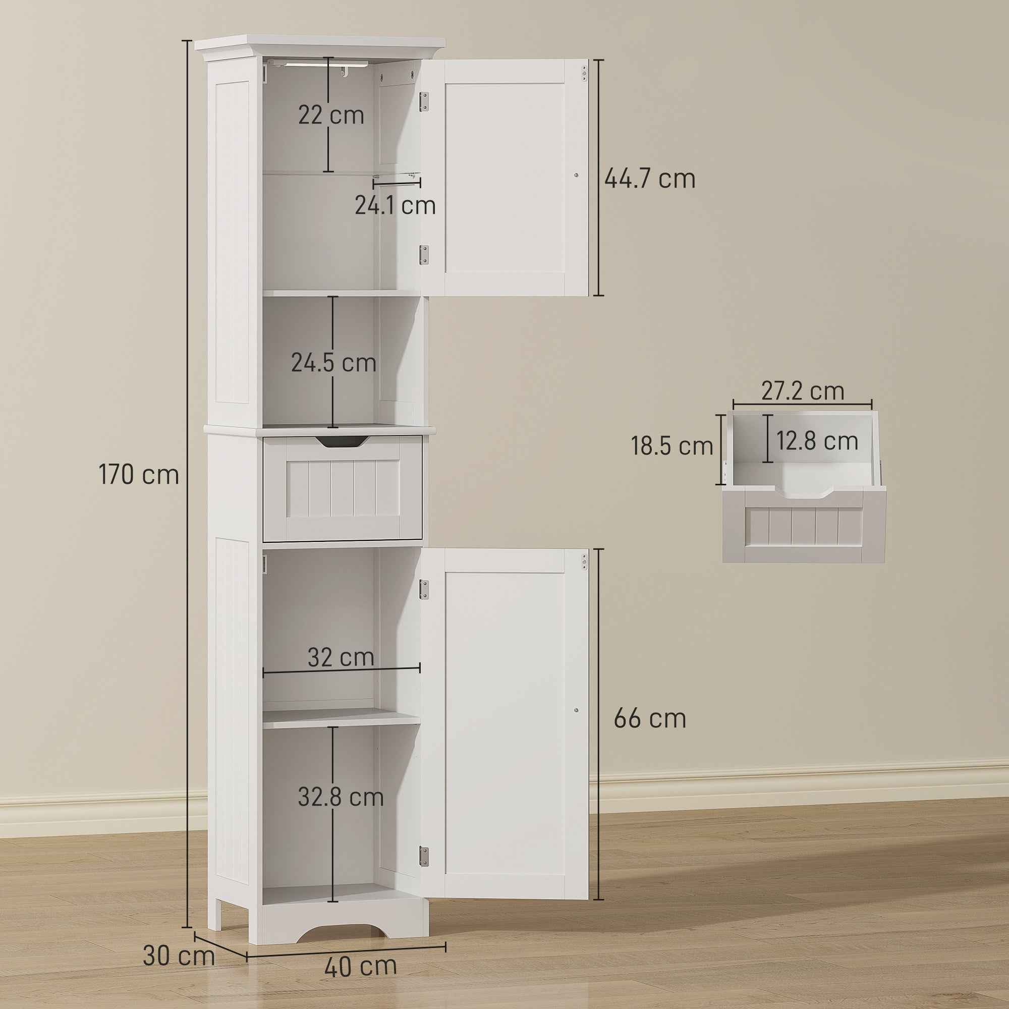 HOMCOM Wooden Bathroom Cabinet with 2 Sensor Cabinets, Open Shelf and Drawer, 40x30x170 cm, White