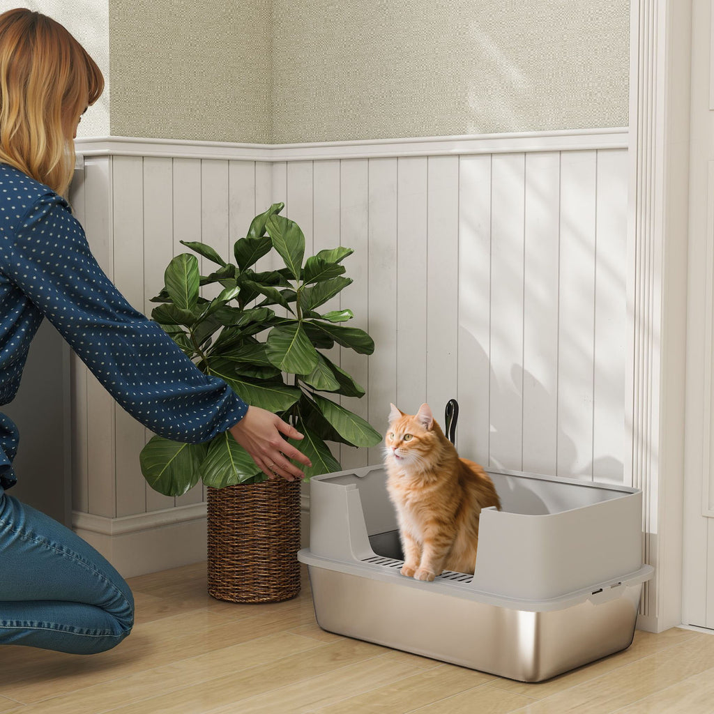 PawHut XL Stainless Steel Cat Litter Box with Scoop, High Sides, Leak-Proof, Odor-Resistant, Up to 7 kg, Grey
