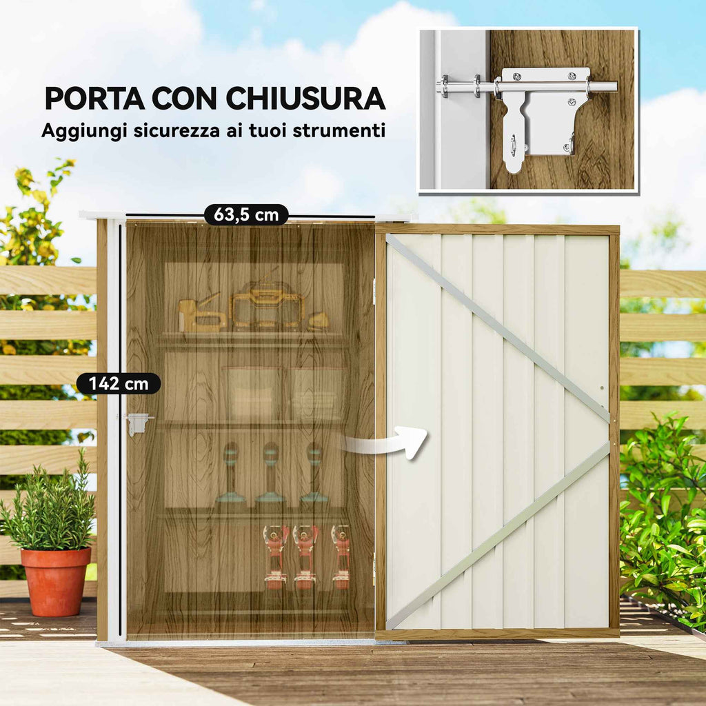 Outsunny Galvanized Steel Garden Shed with Hinged Door, 100x104x160 cm, Light Brown