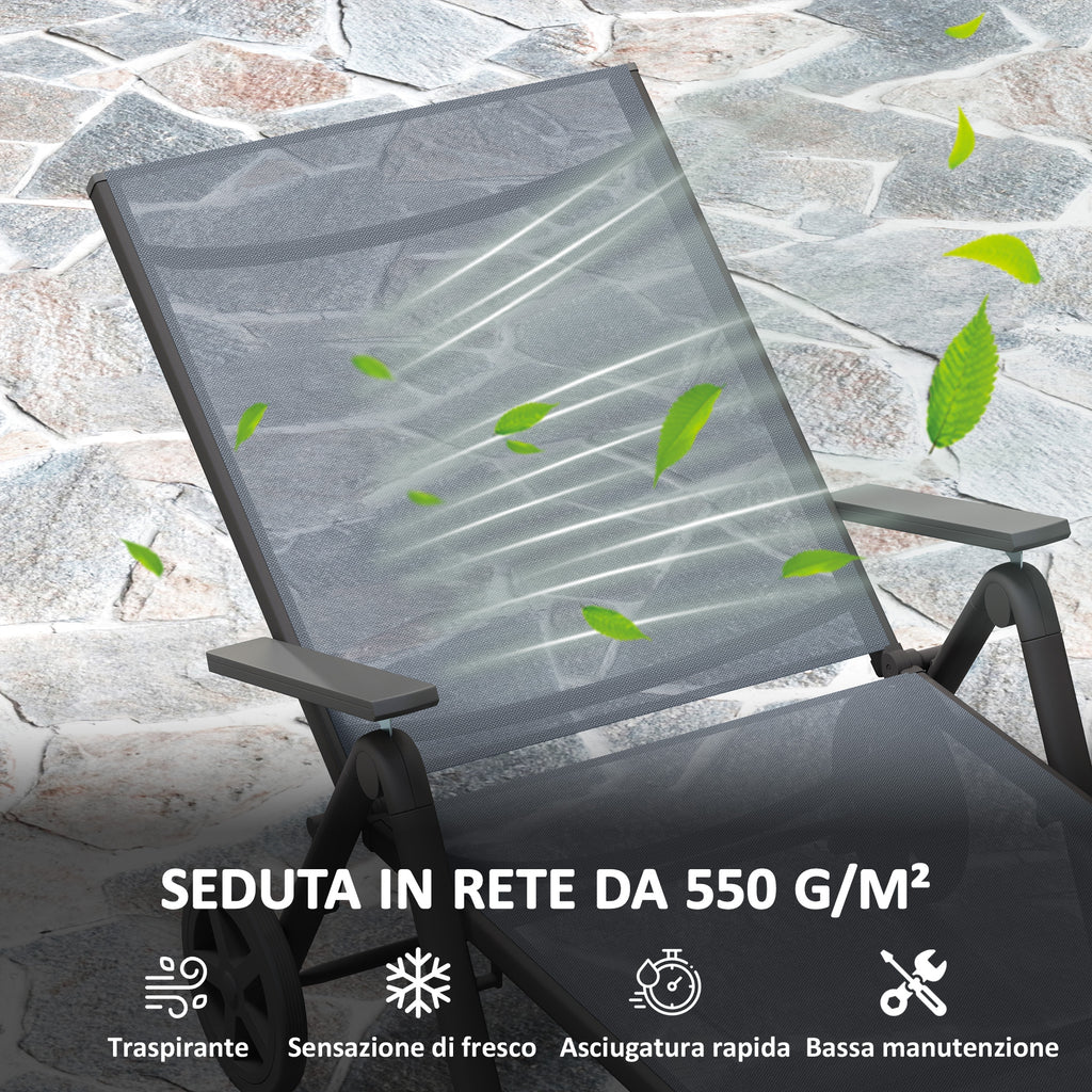 Folding and Reclining Deckchair in 5 Positions with Wheels, in Metal and Textilene, 72x158x84 cm, Gray