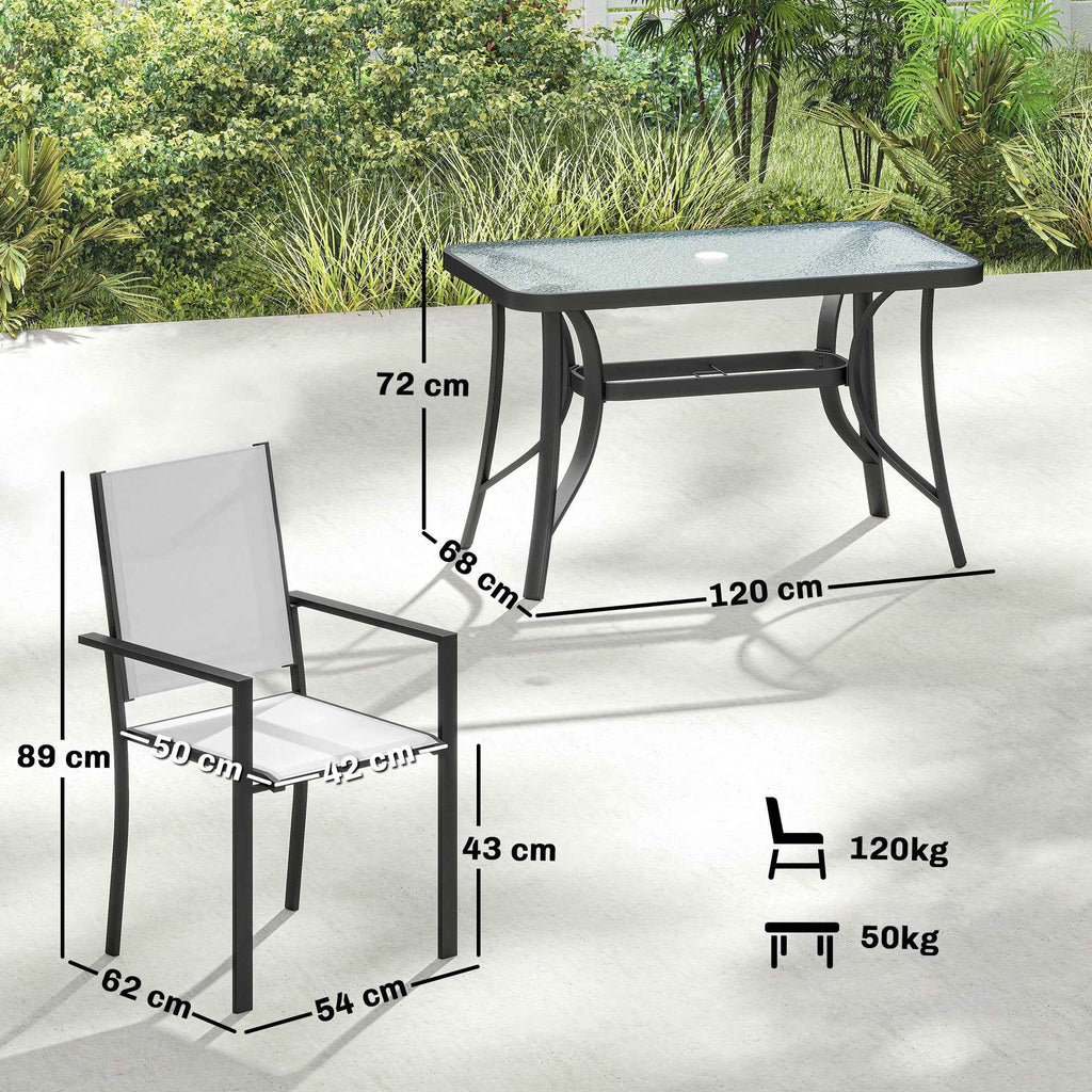 Outsunny 5-Piece Garden Set with 4 Stackable Chairs and Tempered Glass Table with Umbrella Hole, Light Grey