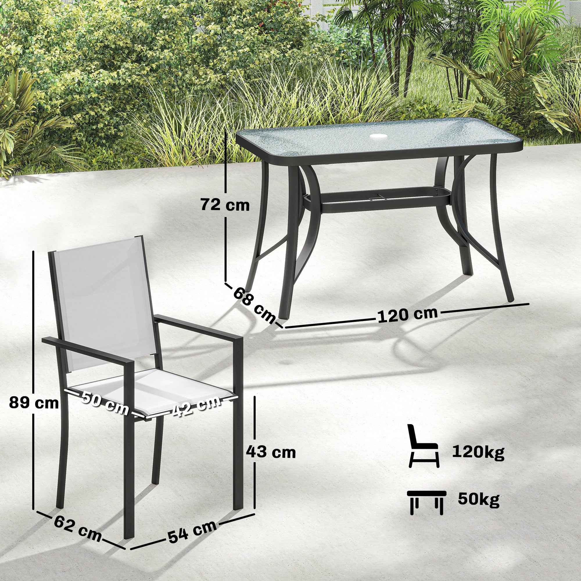 Outsunny 5-Piece Garden Set with 4 Stackable Chairs and Tempered Glass Table with Umbrella Hole, Light Grey