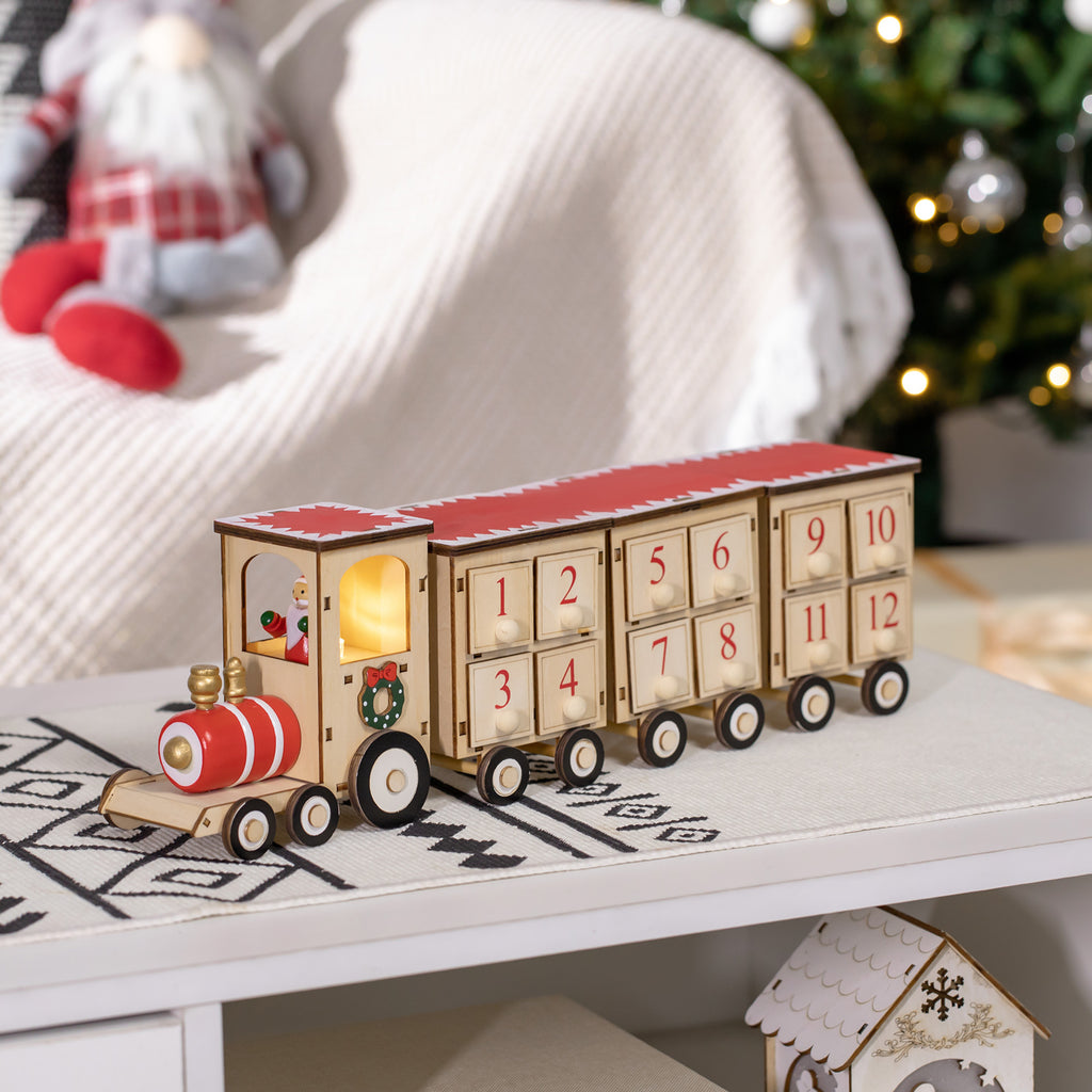 Christmas Advent Calendar Train with Santa Claus and LED Light Included, Plywood, 40x8x11 cm