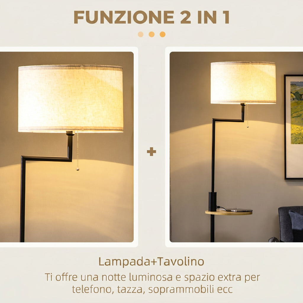 HOMCOM Floor Lamp with Integrated Bamboo Shelf, Linen-Effect Fabric Shade, Steel Base, Black and Beige