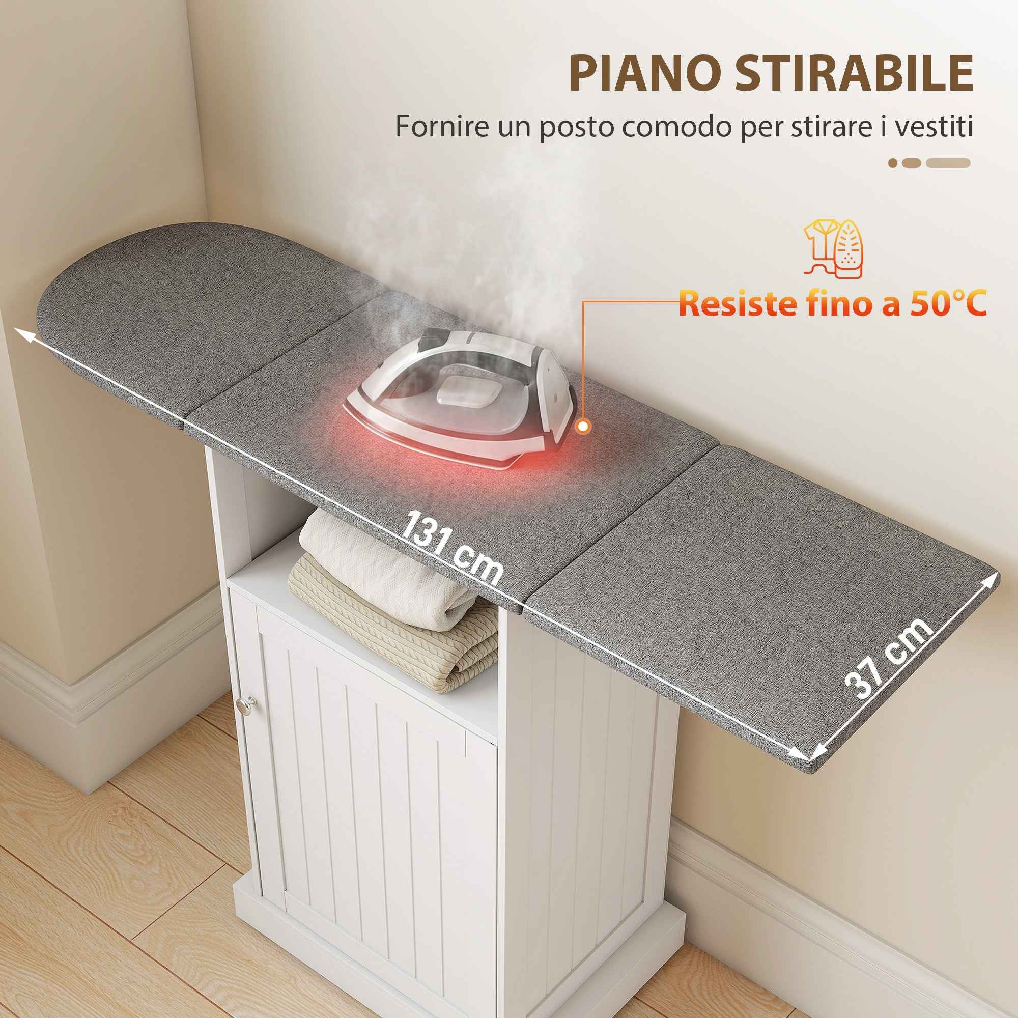 Folding Ironing Board with Wheels, Open Shelf and Cabinet, 121 x 37 x 89 cm, White and Grey