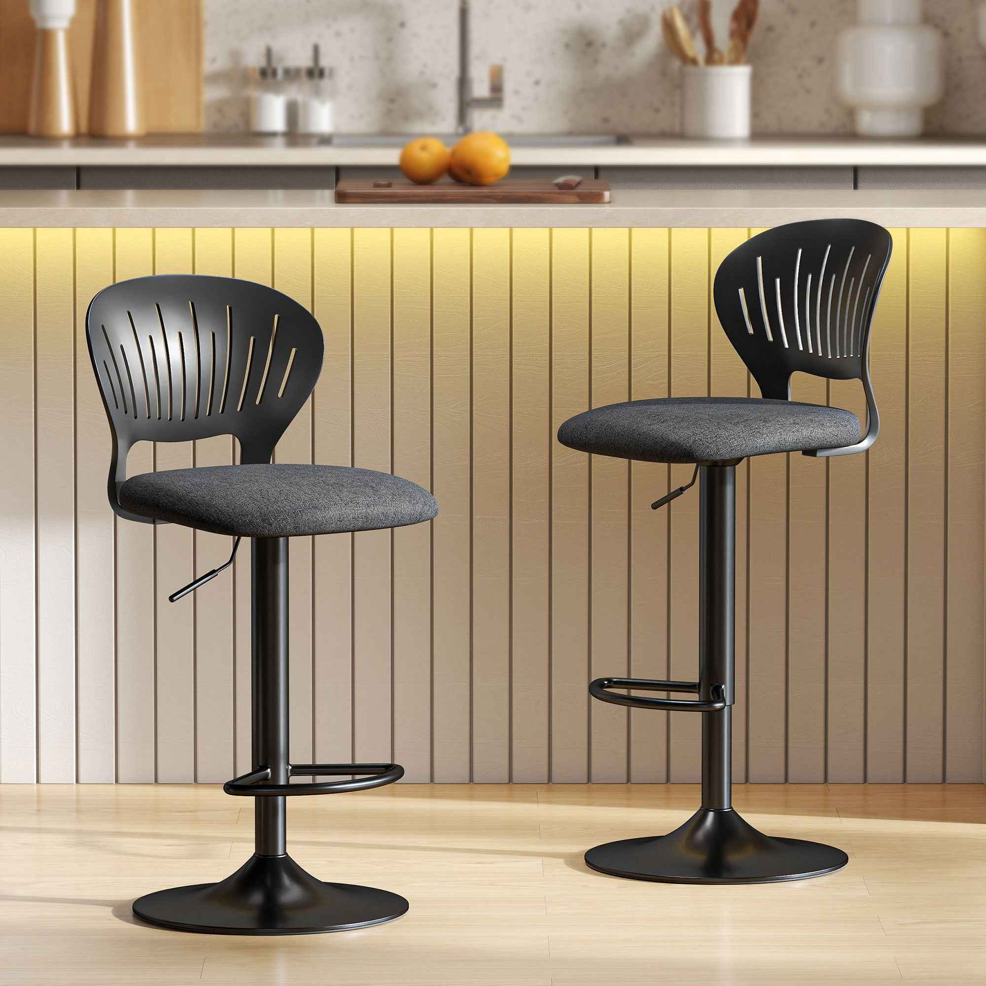 HOMCOM Set of 2 Breathable Linen-Effect Fabric and Metal Bar Stools with Footrest, 40.5x43x84-105 cm, Black