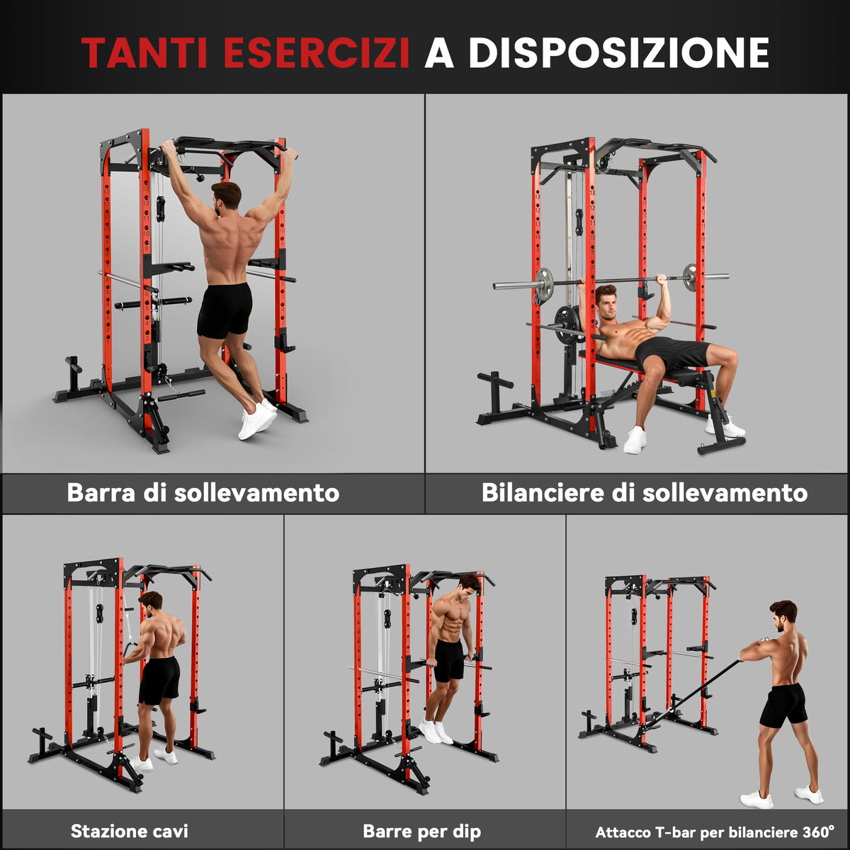 SPORTNOW Fitness Station with Barbell Stand and Pull-Up and Dip Bar, Steel, 191x153x205 cm, Red and Black